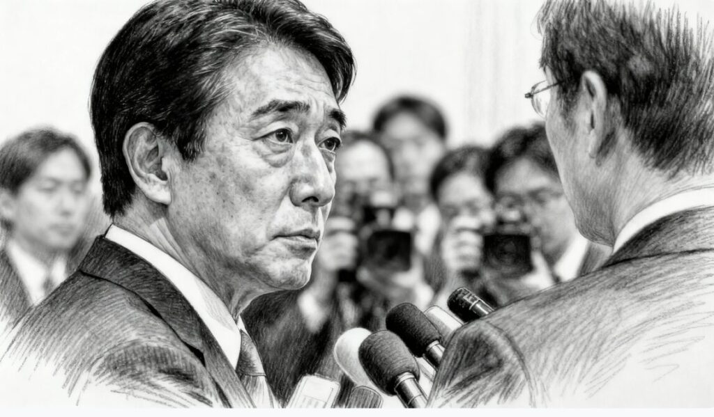 大臣に詰め寄る記者