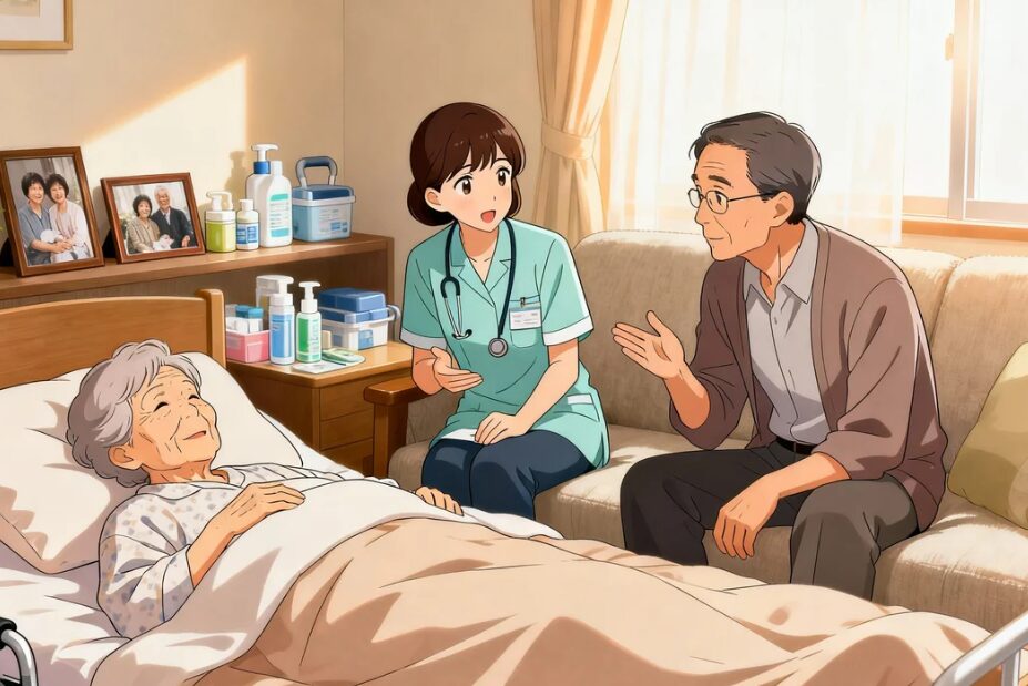 ケアマネージャーの話を聞く男性